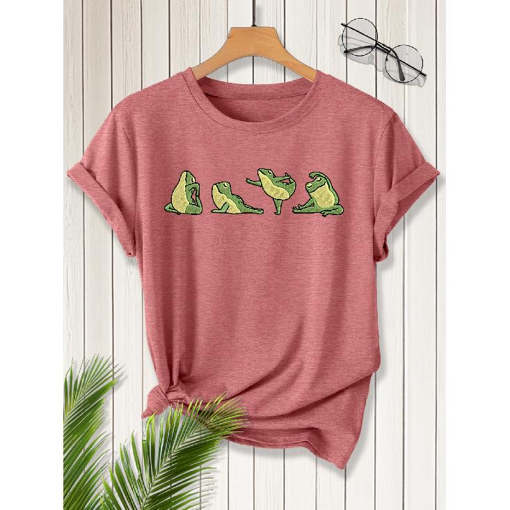 Elegant short-sleeved dress for women Cute Yoga Frog Print Crew Neck T Shirt Suitable for spring wear Summer Autumn Winter fashion