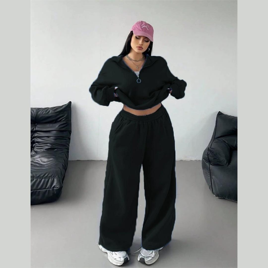 Осенний повседневный женский модный пуловер с полуцепочкой и брюки, костюм-двойка XXL чёрный