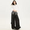 American-style spicy girl black plaid patchwork casual pants for women, autumn/winter lazy style high-waist versatile wide-leg work pants