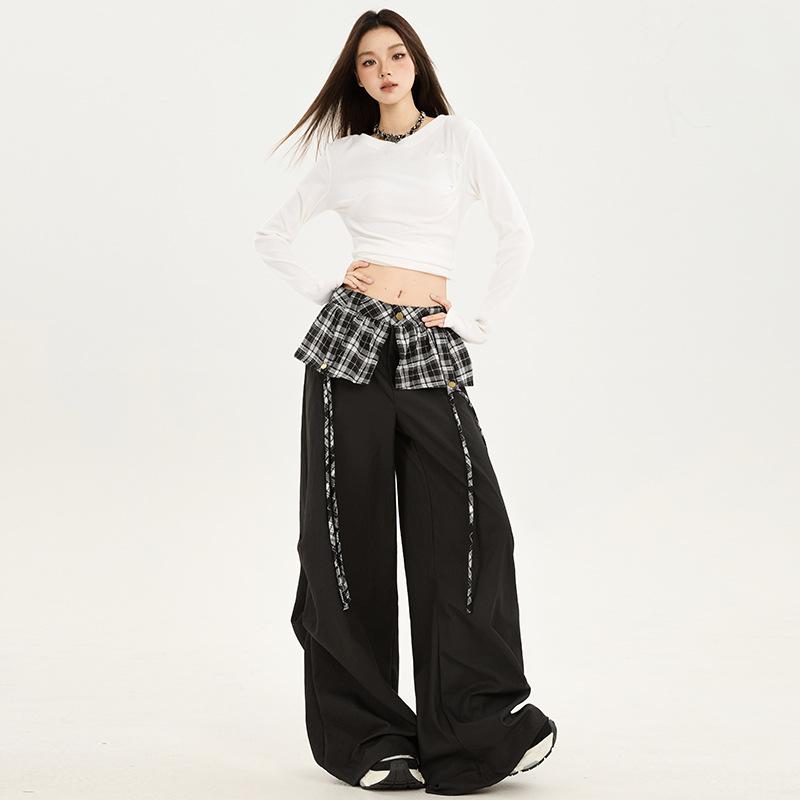 American-style spicy girl black plaid patchwork casual pants for women, autumn/winter lazy style high-waist versatile wide-leg work pants