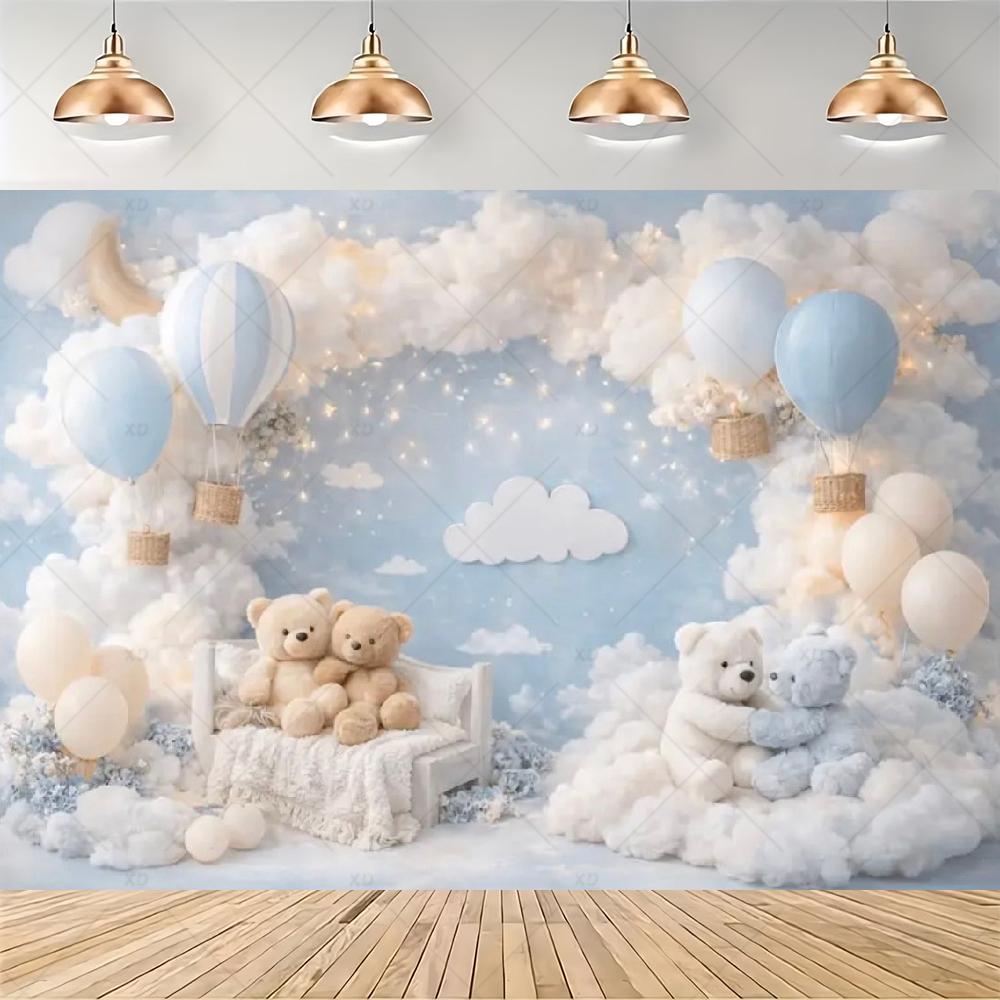 Teddy Bear Hot Air Balloon Backdrop Banner Newborn 1st Birthday Party Decoration Background Baby Shower Photography Studio Props