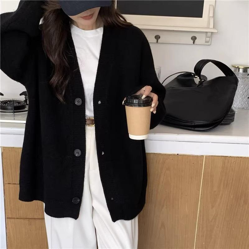 Autumn and Winter Knitted Sweater Cardigan Jacket Women's Loose Lazy Style Solid Color Simple Knitted Cardigan Women