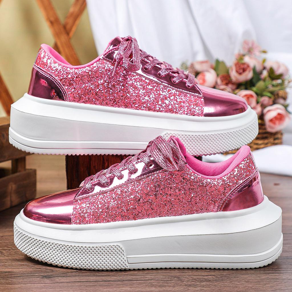 Damen Plateauschuhe Mode Pailletten klobige Schuhe PU-Leder Freizeit-Sneaker runde Zehenpartie Laufschuhe Tägliche vielseitige Schuhe