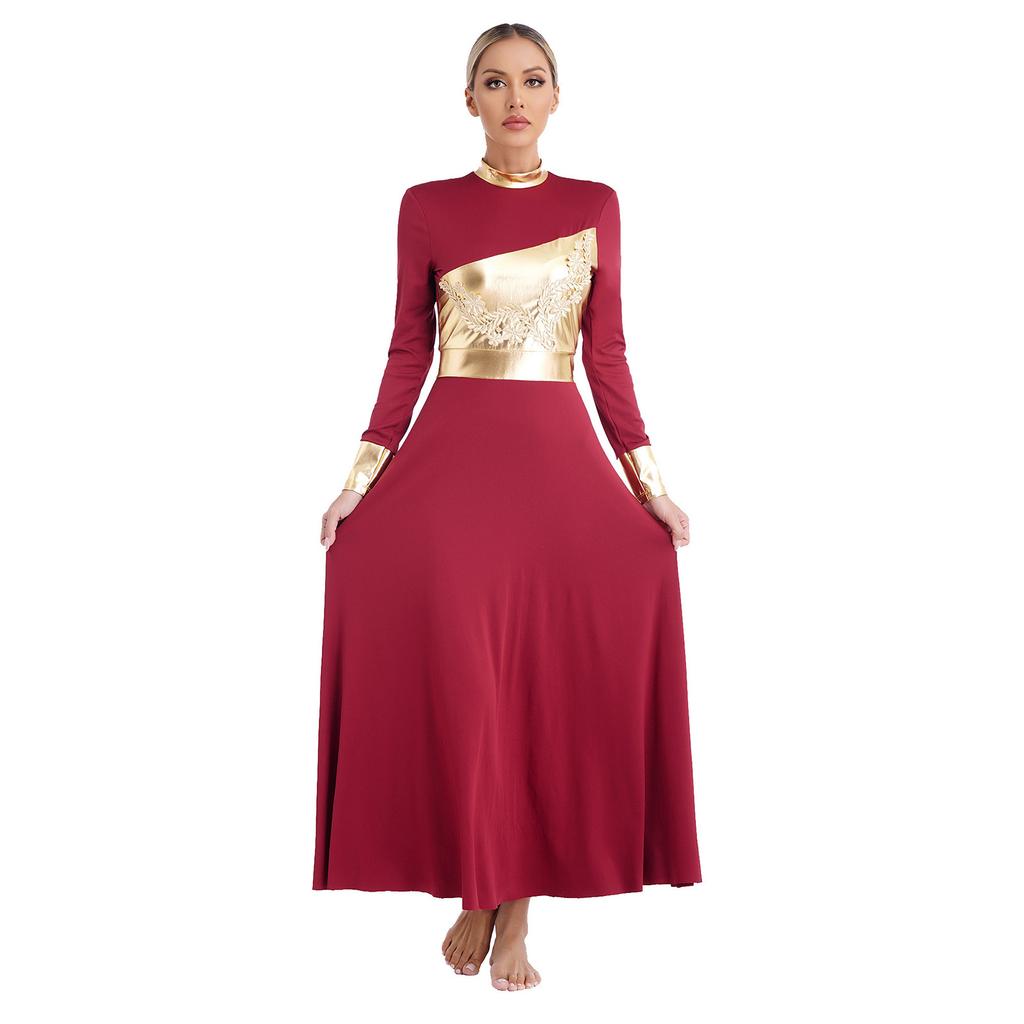 Womens Liturgical Praise Dance Dress Metallic Shiny Color Block Mock Neck Long Sleeve Applique Worship Costume