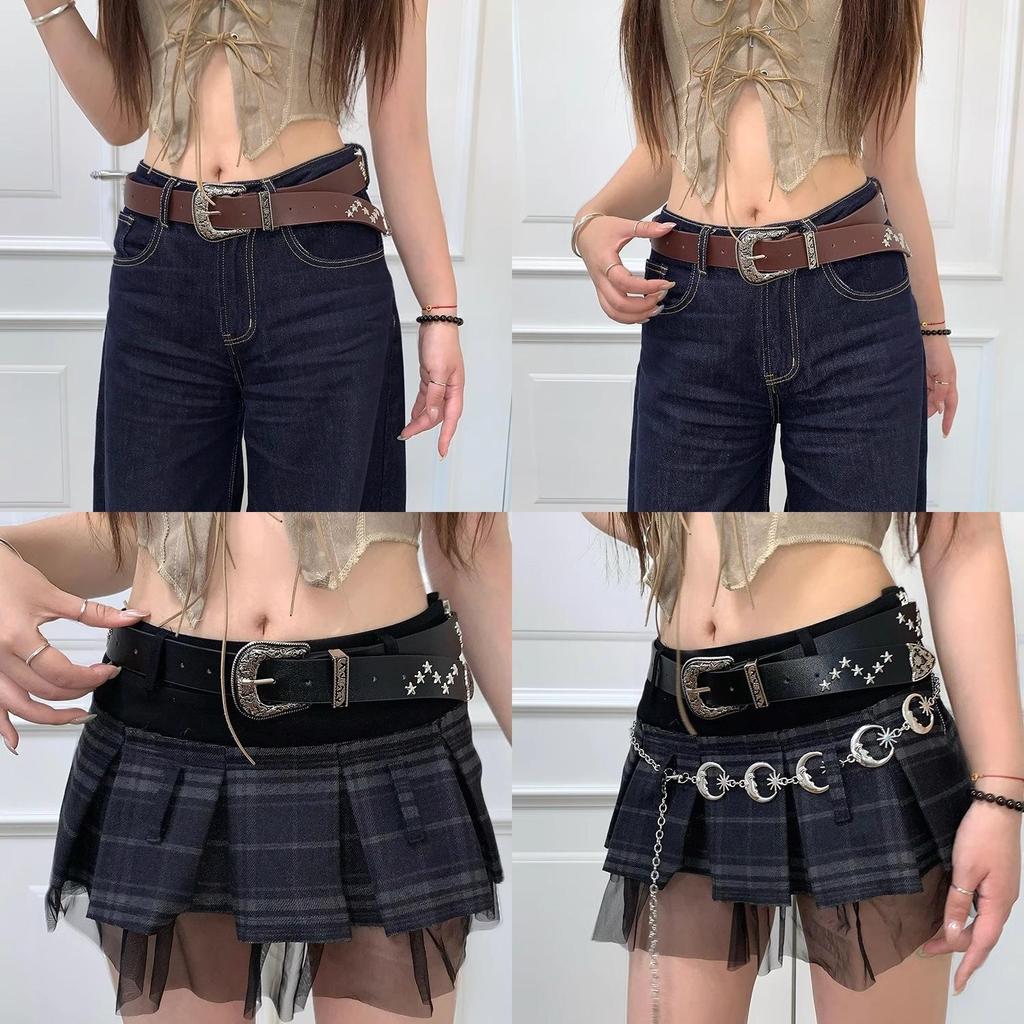 Vintage Y2k Star Rivet Pu Leather Belt With Alloy Buckle For Daily Wear