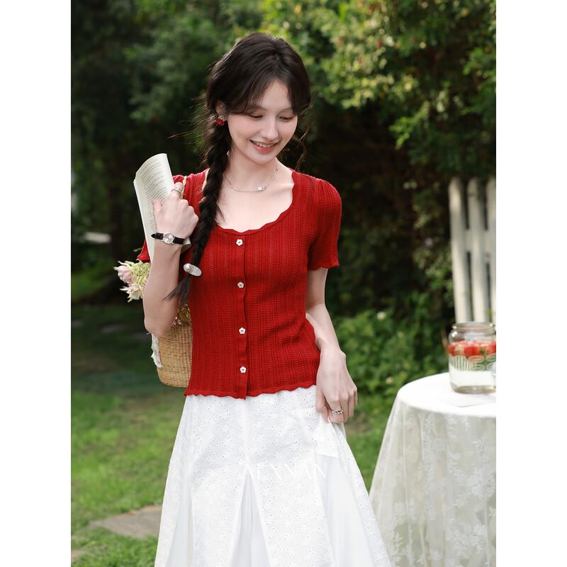 Lù Xiàng Nán Women s Red Wavy U-neck Knit T-shirt M