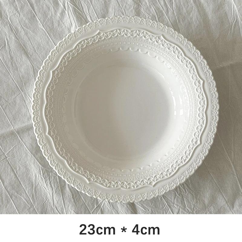 Französischer Stil Vintage Keramikteller Kreatives Spitzenrelief Haushalt Porzellan Geschirr Frühstück Toast Brot Kuchen Gerichte