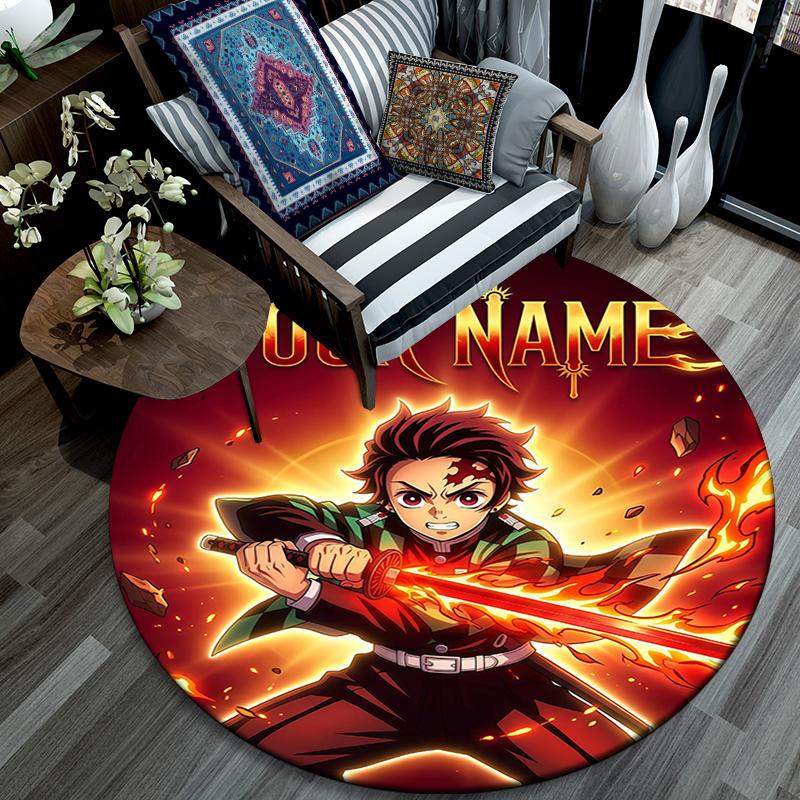 Custom Name,Tanjiro Kamado pattern round rug,Carpet Rug for Living Room Bedroom Playroom ,Non-slip Floor Mat,Holiday Gifts and Birthday Gifts.