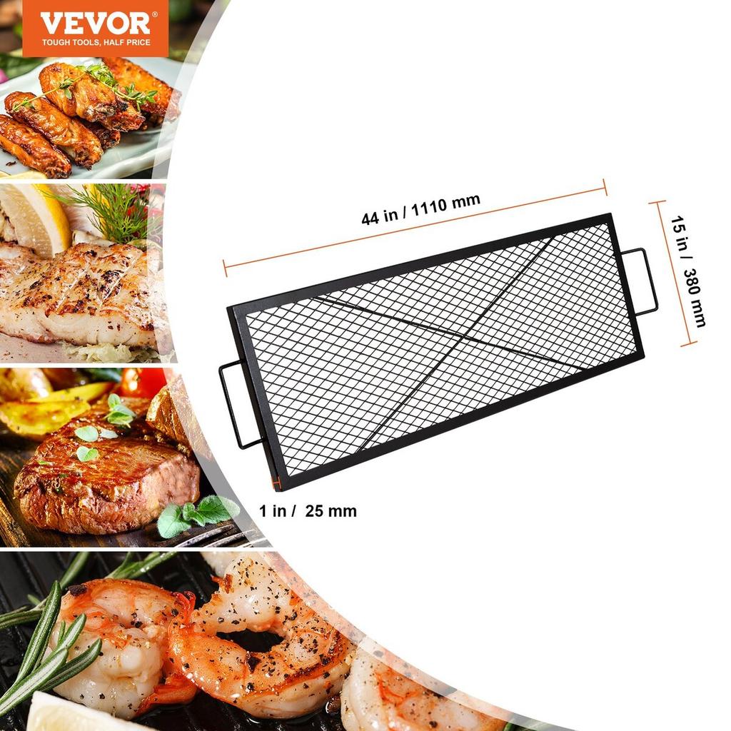 X-Marks Fire Pit Grill Grate, Rectangle Cooking Grate, Heavy Duty Steel Campfire BBQ Grill Grid with Handle & Support X Wire, Portable Camping