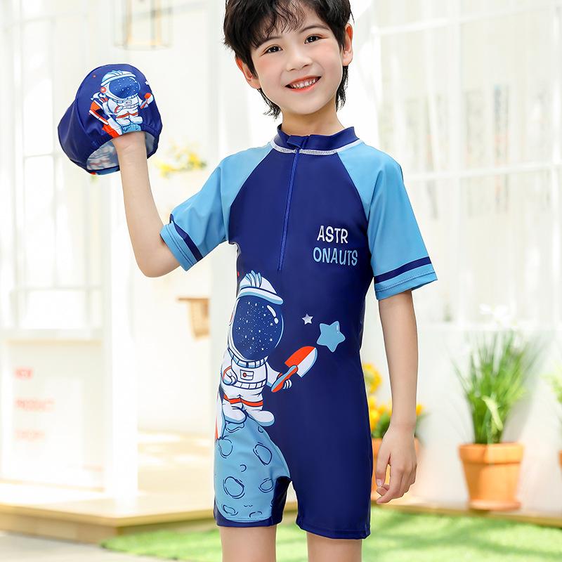 New Boys' One-Piece Cartoon Swimsuit: Cute, Quick-Drying Sun Protection for Toddlers to Big Kids