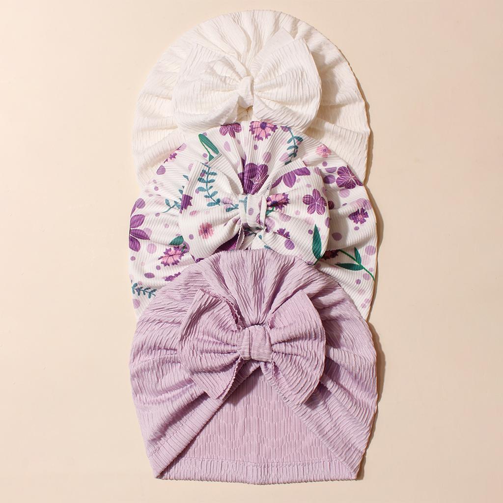 3 Pcs Newborn Floral Print Soft Cotton Bow Bandana Hats Baby Beanie Toddler Headwear for Kids 19cm*18cm&Polyester / Cotton