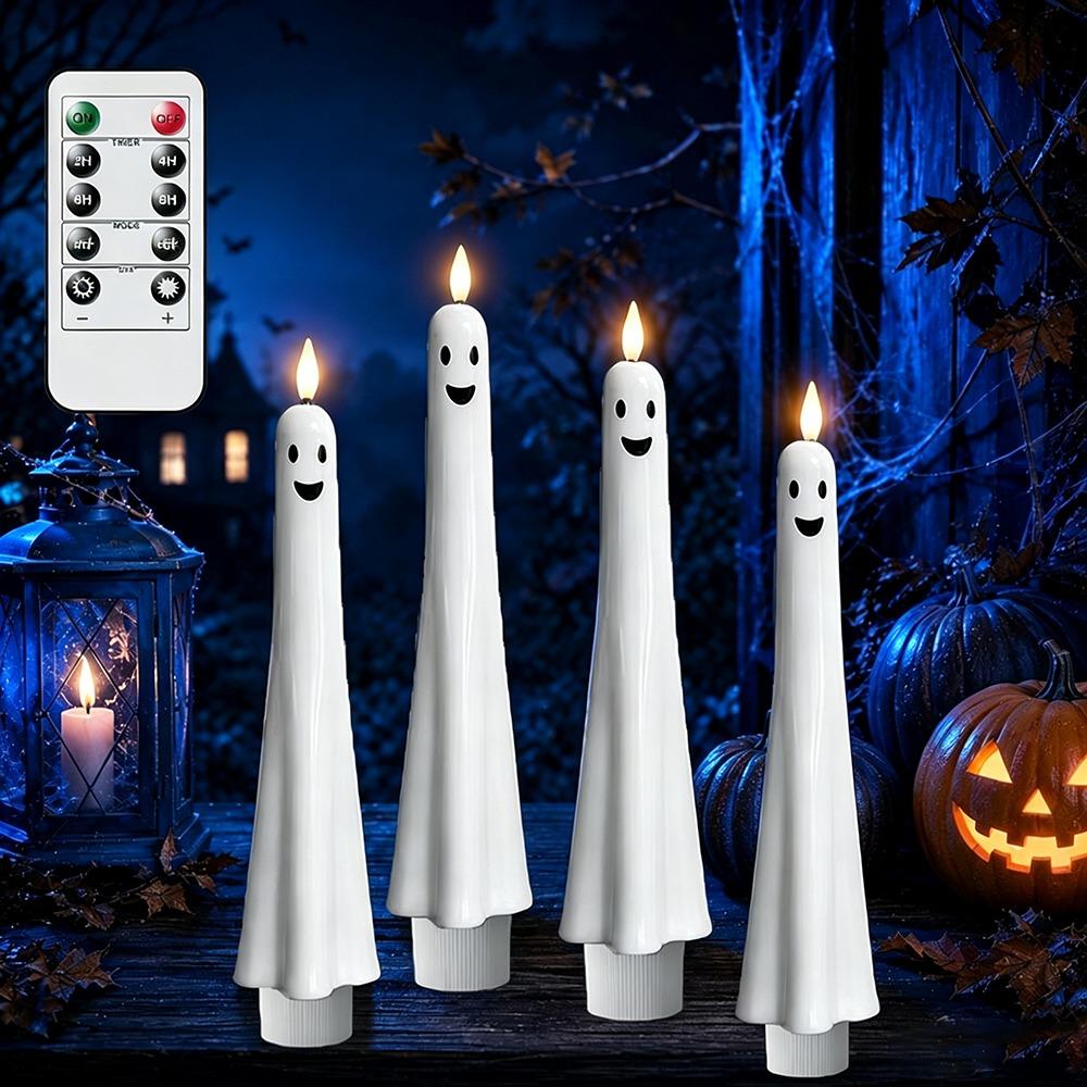 4 Pack Ghost Shaped Candles Remote Control White Color Flameless Taper Candles Plastic Material Timer Function Spooky Candles