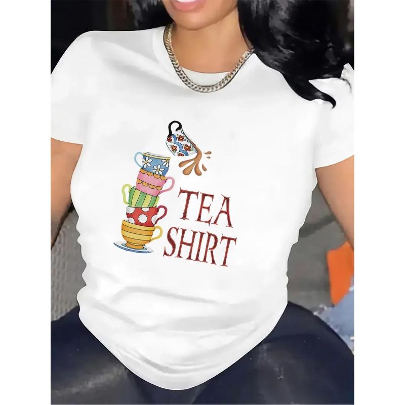 Women's Tea Lover T-Shirt Tea Cup Print Casual Short Sleeve Round Neck Top
