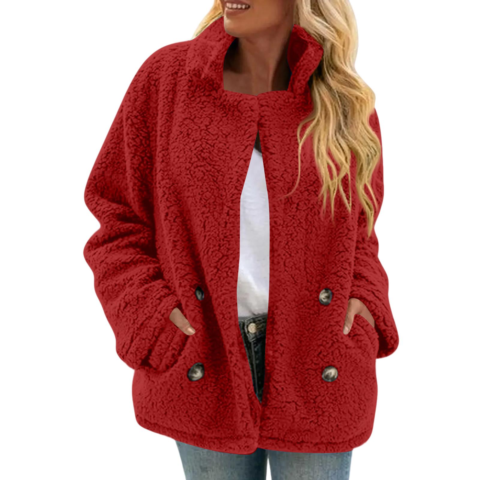 

Women s Plaid Double-sided Plush Patch Pocket Button Cardigan Casual Top Jacket XXL червоний