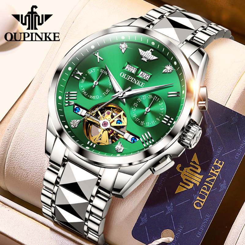 OUPINKE Nouvelle montre mécanique pour homme d'affaires et de loisirs Green Water Ghost Montre mécanique multifonctionnelle Montre d'affaires haut de gamme