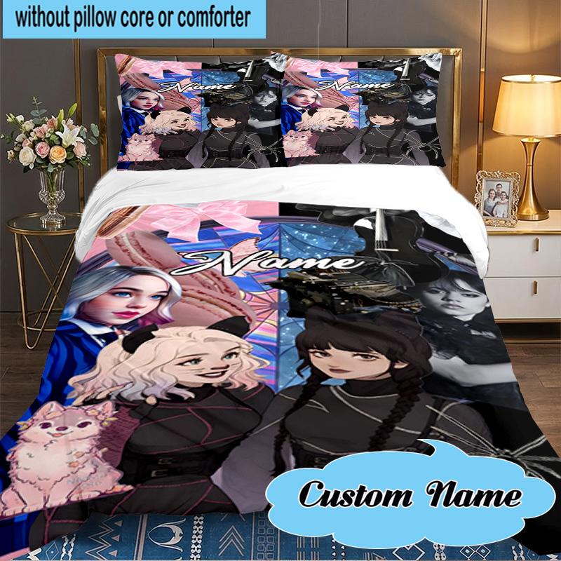 Custom Name 3PCS Addams Fan family Portrait Bedding Set Including 1pc Duvet Cover And 2pcs Pillowcases for Bedroom, Dormitory Gift Home Decor