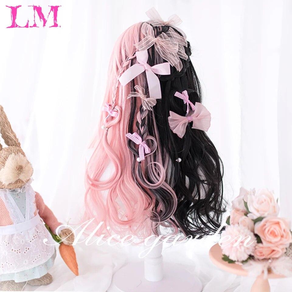 Perruques synthétiques Lolita longues ondulées noires et roses pour femmes, perruque de Cosplay avec frange, résistante à la chaleur pour Halloween et noël