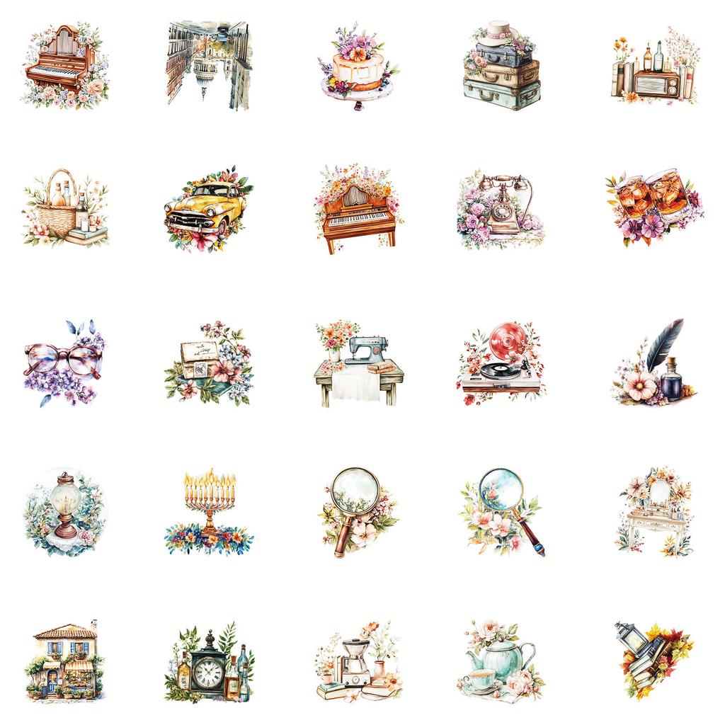 50 Beautiful Retro Style Mixed Graffiti Waterproof Stickers Creative Suitcase Rose Embellishment Stickers
