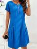 New European and American women's clothing pure cotton cotton and linen pocket zipper collar short-sleeved button dress