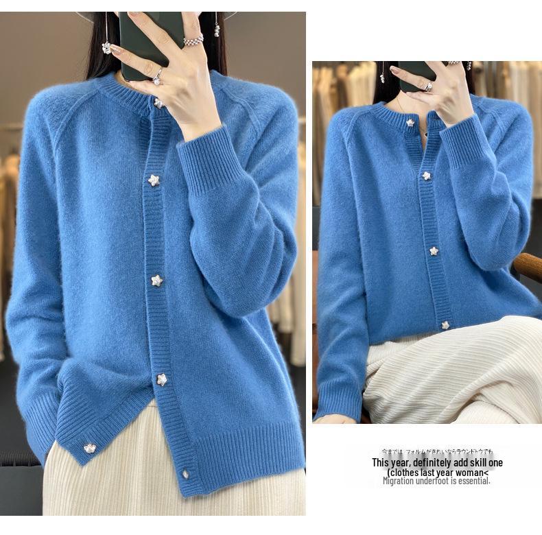 2023 Fall/Winter Women's Wool Cardigan: Stylish Round Neck, Loose Fit, Versatile Knitwear, Long Sleeve Sweater