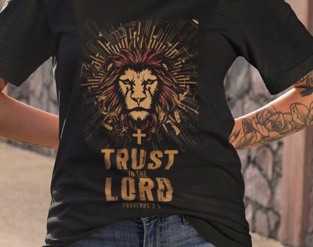 Christian Oversized Tee - Lion of Faith, Proverbs 3:5 Scripture Shirt and kids tshirt, Inspirational Religious Style, Thoughtful Gift