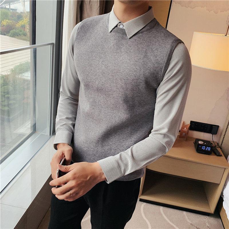 Men s Slim Fit Embroidered Sweater with Faux Two-Piece Shirt Collar - Autumn/Winter Trendy Knitwear with Plus Velvet Stripes. Medium