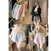 Rosa gestreifte Woll-Wintershorts für Damen mit Spitzenbesatz – hoher Bund, gerades Bein, A-Linien-Schnitt