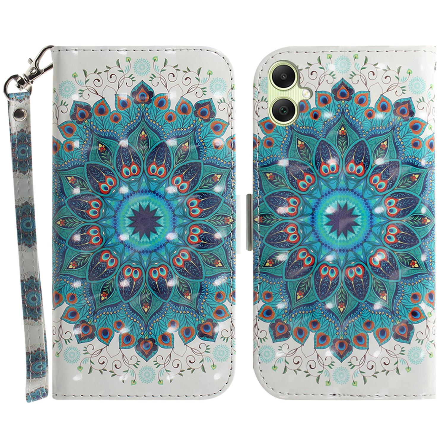 

For Samsung Galaxy A05 4G Case Mobile Phone 3D Pattern Printed PU Leather Cover Peacock Wreath