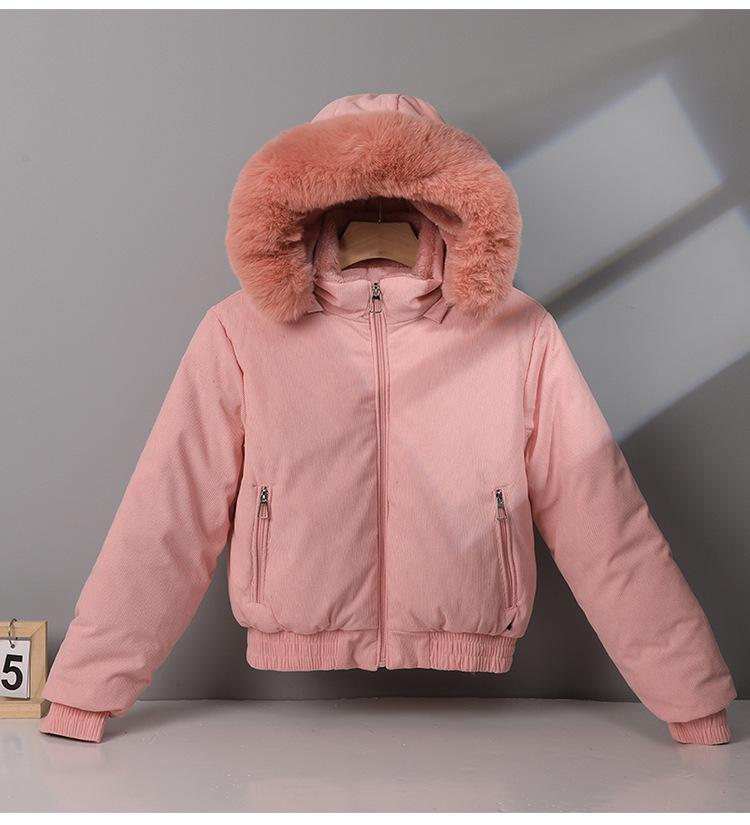 Women's Fleece-lined Cotton-padded Coat with Big Fur Collar Short Thickened Hooded Jacket