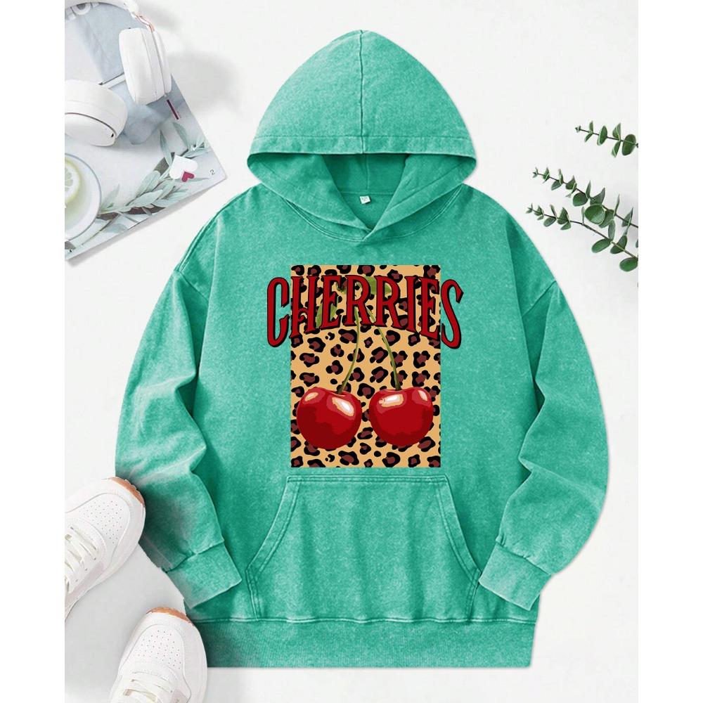 Leopard Cherry Creative Printing Women Washed Hoodie Loose Fashion Streetwear Autumn Multicolor Hoody Cotton Pullover