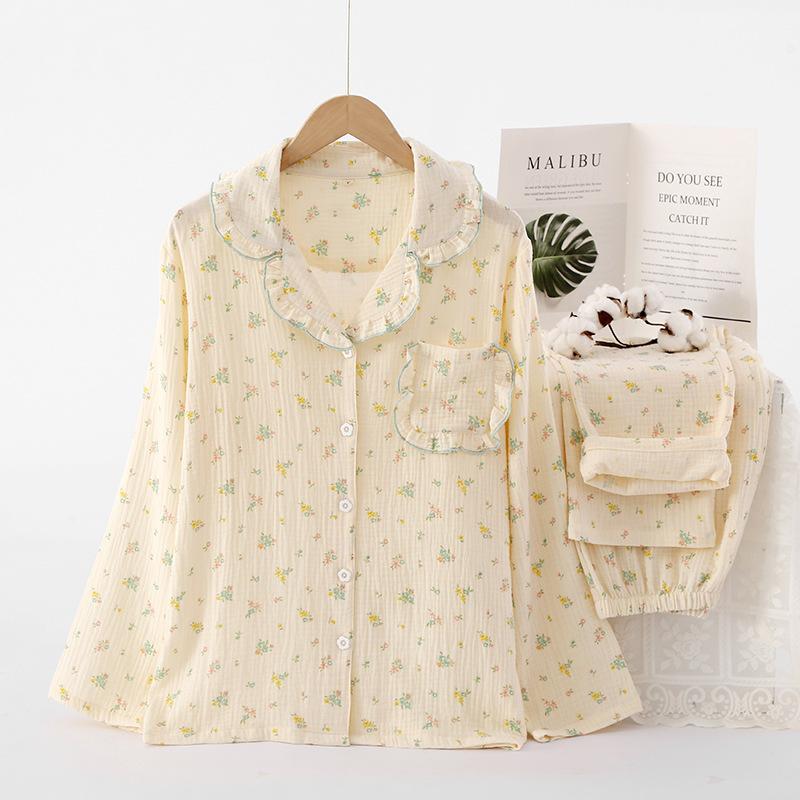 Pure Cotton Pajamas Women's Small Fresh Fungus Lapel Long Set, Spring and Autumn Printed Loungewear Set Can Be Worn Loosely