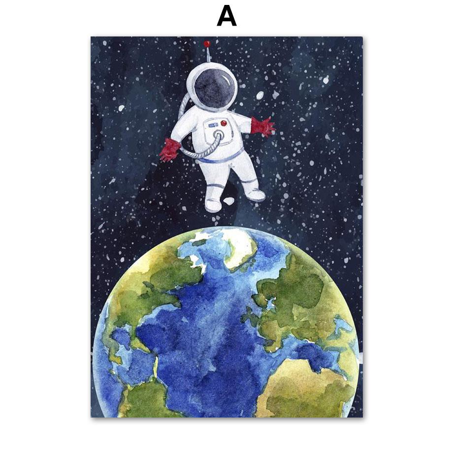 Cartoon Space Astronaut Planet Rocket Spacecraft Wall Art Print Canvas Painting Nordic Poster Wall Pictures Baby Kids Room Decor