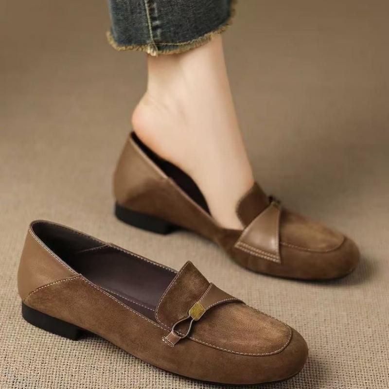 

British Style Suede Square Toe Loafers Metal Decor Low Heel Pumps Versatile Retro Office Shoes for Women 39EU/CN40 коричневий