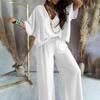 Women Two Piece Set V Neck Batwing Sleeve Top Wide Leg Pants Casual Loose Outfit