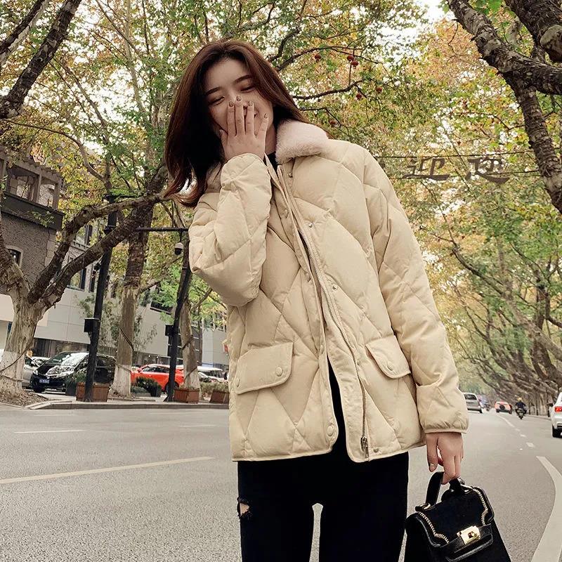 Winter Down Coat Korean Fashion Short Rhombic Cotton Coat Short Lapel Fur Collar Slim Down Jacket