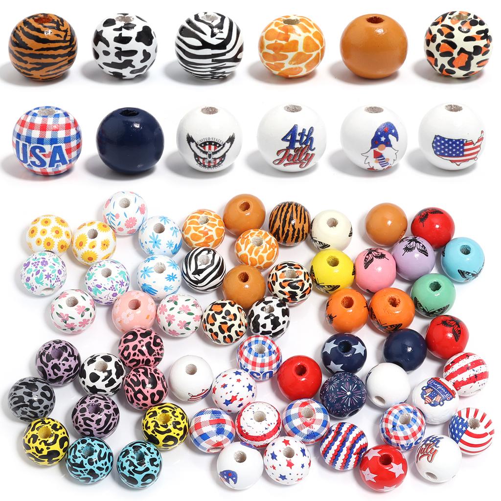 10Pcs 16mm Natural Wooden Beads Colored Butterfly Flower Star Print Spacer Beads For DIY Craft Bracelet Phone Chain Accessories