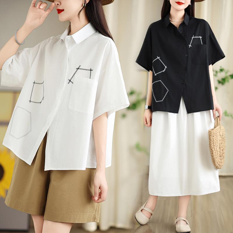 

Dimanaf 2025 Плюс Размер Новая Женская Летняя Свободная Рубашка Короткий Рукав Винтажная Рубашка Повседневная Кнопка Базовые Топы Футболки Однотонные M белый