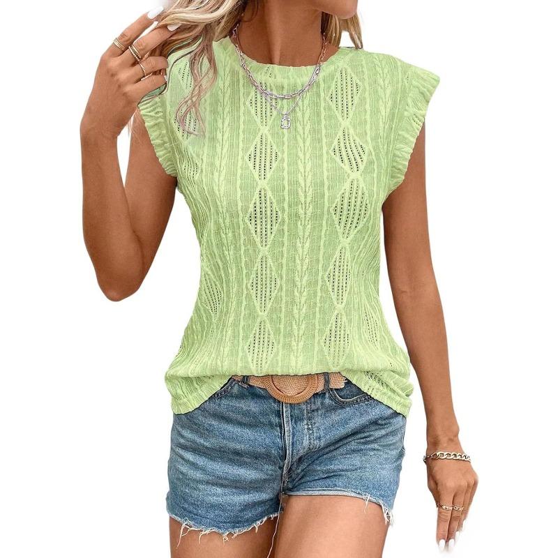 T-shirt a gilet casual da donna, scollo rotondo, jacquard, manica corta, geometrica