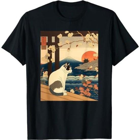 Ukiyo-e Art Kanagawa Vintage Japanese Tattoo Cat Graphic T-shirt