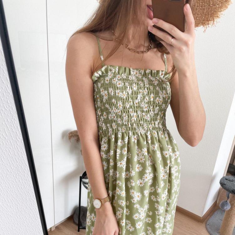 2023 Sommer Blumenbedrucktes Chiffon Mini Kleid Damen Lässig Mode Spaghetti Träger Ärmellos Elastisches Hochtaillenkleid