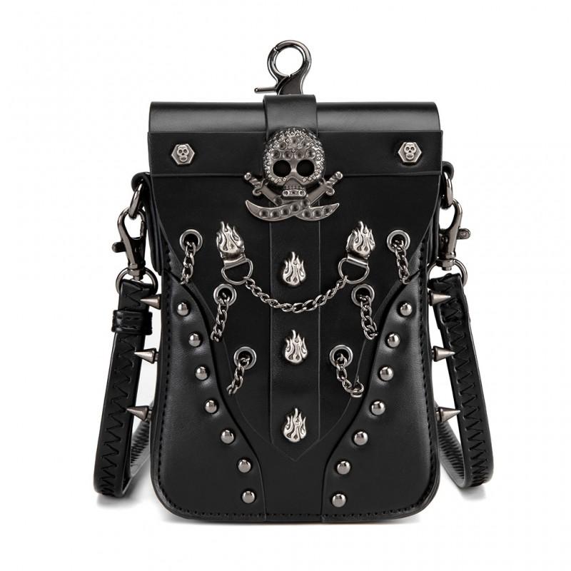 Steampunk Vintage Mini Square Crossbody Bag Women PU Leather Rivet Chain Detail Zip Phone Pocket