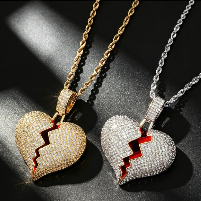 Explosive Hip Hop Heartbreak Shape Pendant with Copper Inlaid Zircon for Men and Women Couple Street Style Necklace Jewelry