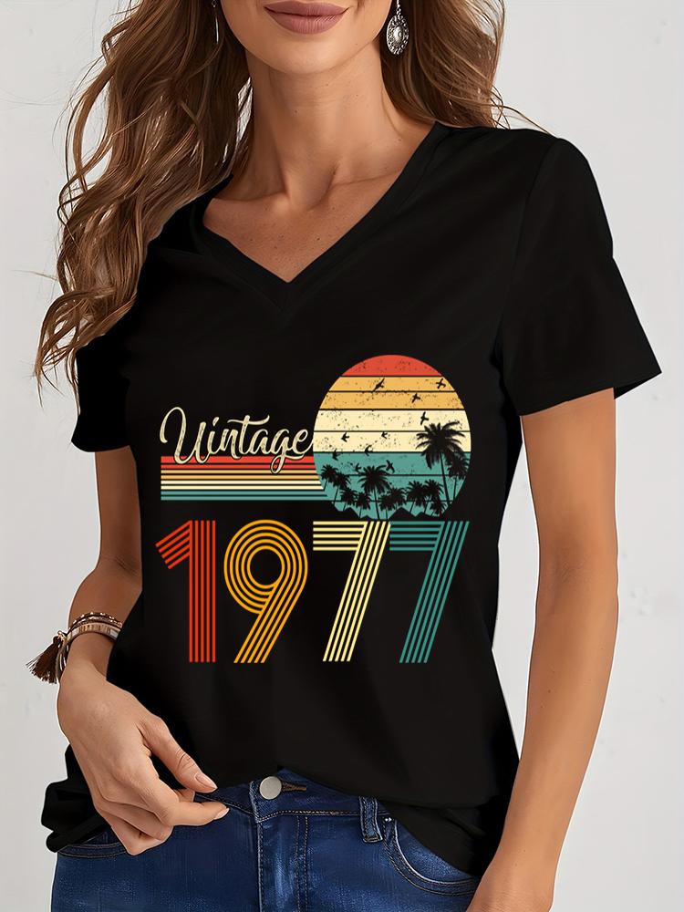 Unisexs Tshirts 1975 Graphic Vintage 1970 To 1979 Casual Vneck Harajuku Fashion Vneck Summer Aesthetic Retro Shirts Female