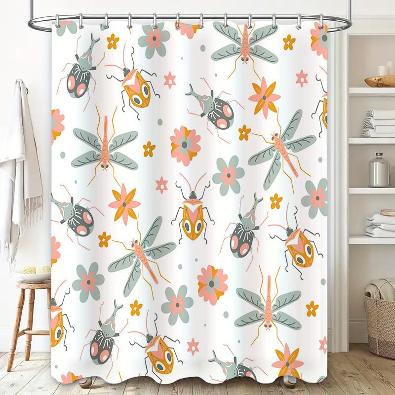 Vibrant Bug Floral Shower Curtain Home Bathroom Decor Waterproof Fabric Yellow Pink Red White Green