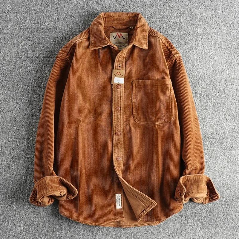 Solid Color Corduroy Vintage Shirt Men Spring Fashion Simple Basic Long Sleeve Blouse America Style Coats