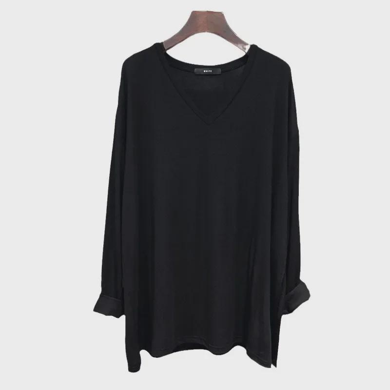 2025 Trendy European Women's V-Neck XL Long-Sleeve T-Shirt, Spring/Autumn, Loose Fit, Belly-Covering, Up To 300 Lbs