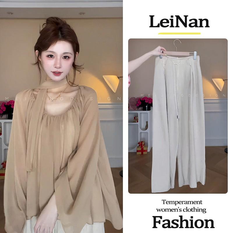 

2026 Spring Women s Gold Wind Two-Piece: Ribbon Long Sleeve Top & Casual Wide-Leg Pants Set S