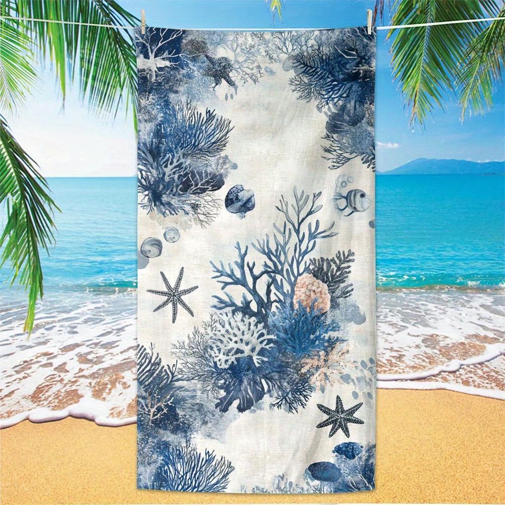 1pc Oversized Microfiber Beach Scarf Ocean Print (starfish, Coral & Shells) Quick-Dry Lightweight Sand-Free Sun Protection Wrap