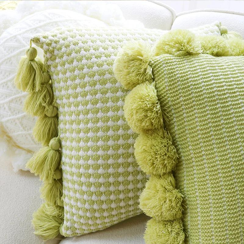 Home Decoration Knitting Cushion Cover Mint Green Tassel Pillowcover Modern Sofa Living Room Waist Pillow Bed Head Round Pillow