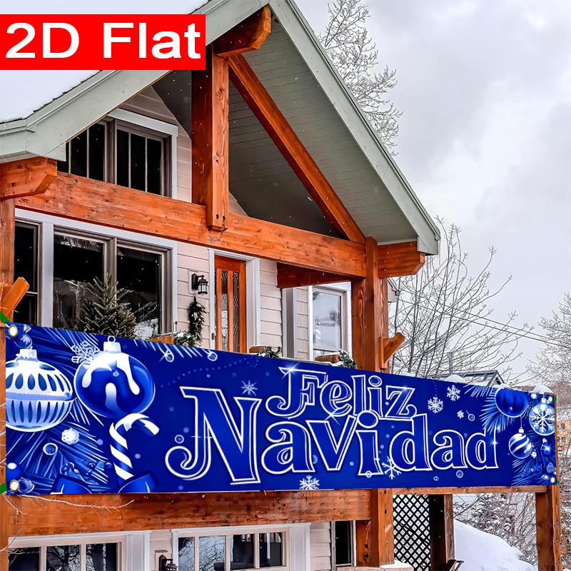 Spanish White Merry Christmas Christmas Yard Banner, Polyester Outdoor Fence Decor Garden Sign